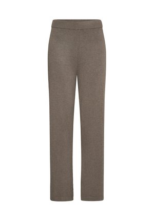 Pantaloni lunghi e dritti di colore marrone, realizzati in materiale morbido, con una cintura elastica e senza motivi o chiusure visibili.
