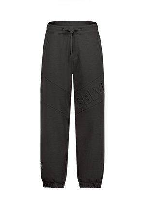 Schwarze Joggerhose mit elastischen Bündchen, Kordelzug an der Taille, Seitentaschen, diagonalem Einsatzelement und geprägtem "SBLIV" Schriftzug am rechten Bein.