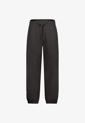 Schwarze Joggerhose mit elastischen Bündchen, Kordelzug an der Taille, Seitentaschen, diagonalem Einsatzelement und geprägtem "SBLIV" Schriftzug am rechten Bein.