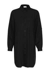 Czarna longsleeve z lnu, z zapięciem na guziki z przodu, klasycznym kołnierzykiem i lekko bufiastymi rękawami z guzikami.