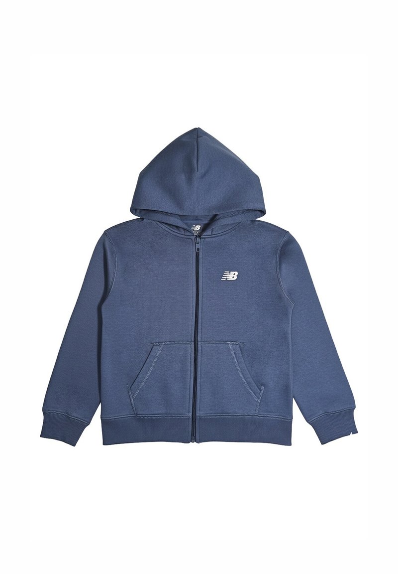 Felpa con cappuccio blu navy con cerniera, realizzata in tessuto morbido, con tasca a marsupio frontale, polsini a costine e cappuccio classico con piccolo logo sul petto.