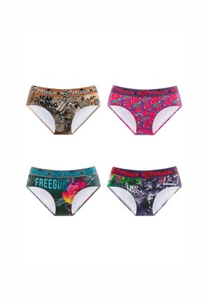 Quatre culottes de femme colorées avec des ceintures Freegun à la taille ; les motifs incluent camouflage, roses rouges, graffiti abstrait et art numérique.