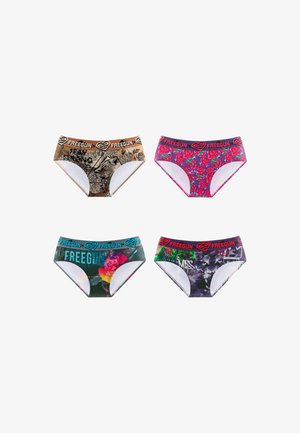 Quatre culottes de femme colorées avec des ceintures Freegun à la taille ; les motifs incluent camouflage, roses rouges, graffiti abstrait et art numérique.