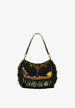 Sac à épaule multicolore avec des motifs abstraits, un dessin central d'oiseau rouge et bleu, et des franges vertes le long du bas et des côtés.