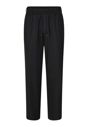 Pantaloni neri ampi con vita elastica e coulisse, gambe dritte, senza tasche o motivi visibili.