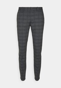 Pantaloni a quadri grigio scuro realizzati in tessuto testurizzato, con una vestibilità slim, chiusura con bottone e un sottile motivo a quadri su tutto il capo.