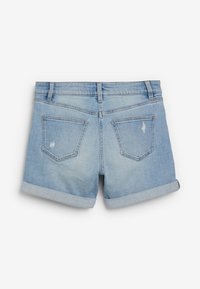 Light blue denim shorts with a rolled hem, featuring two back pockets, subtle distressing, and standard stitching.