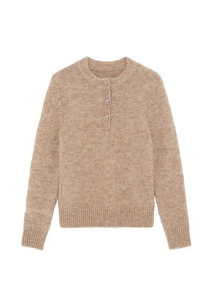Maglione beige a maniche lunghe lavorato a maglia con scollo tondo e tre bottoni decorativi argentati sulla patta frontale.