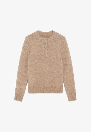 Maglione beige a maniche lunghe lavorato a maglia con scollo tondo e tre bottoni decorativi argentati sulla patta frontale.