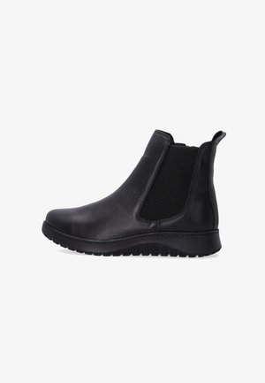 Schwarze Leder-Stiefeletten mit elastischen Seiteneinsätzen, runder Zehenpartie, strukturiertem Gummisole und glatter Oberfläche.
