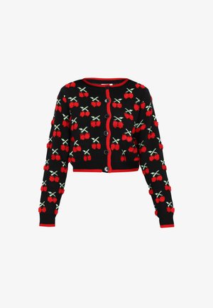 Sort cropped cardigan med røde kirsebær-mønstre og grønne stilke, røde kanter og knaplukninger fortil. Tekstureret stof.