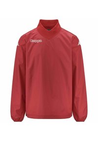 Giacca a vento rossa con colletto alto, maniche lunghe e polsini elastici. Presenta un logo bianco sul petto e sulla spalla. Texture liscia.