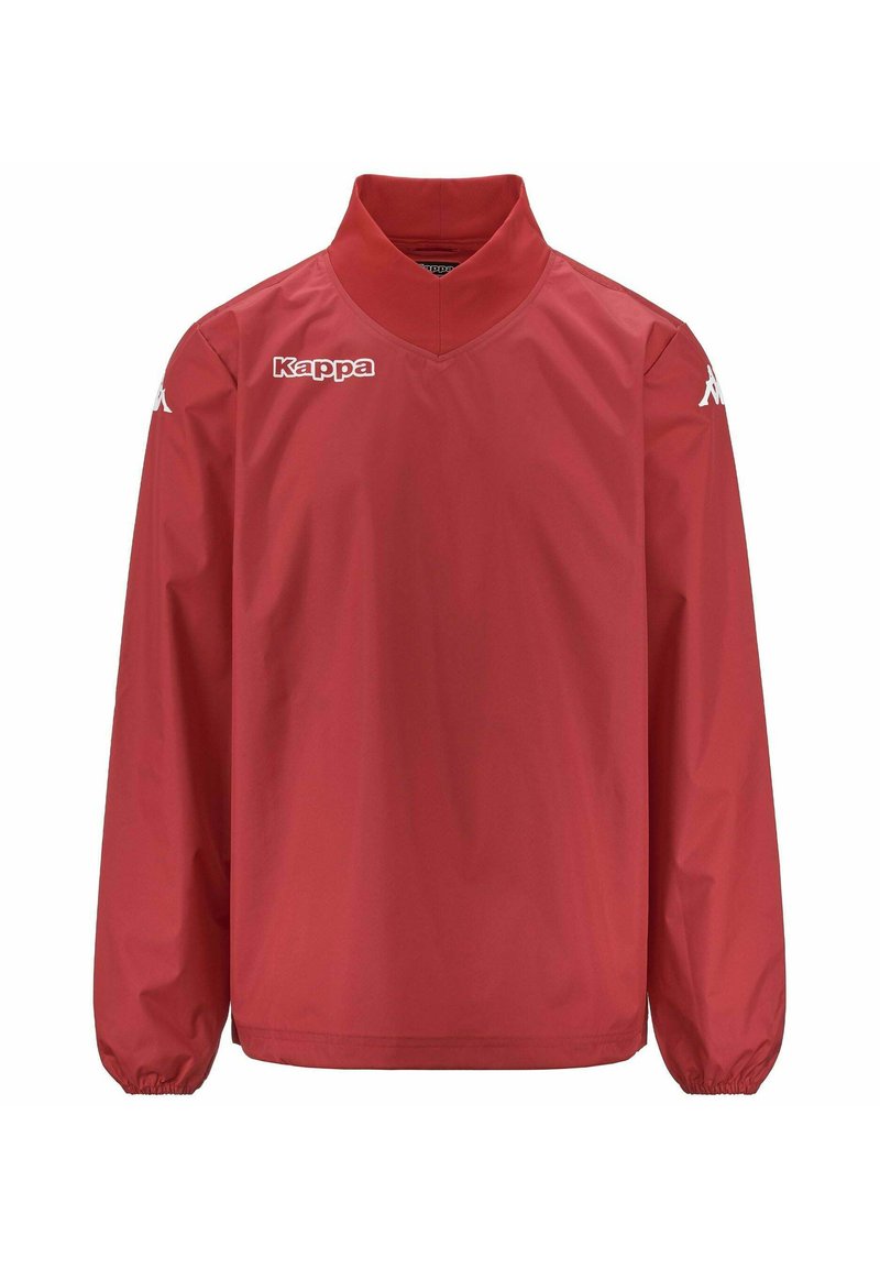 Giacca a vento rossa con colletto alto, maniche lunghe e polsini elastici. Presenta un logo bianco sul petto e sulla spalla. Texture liscia.