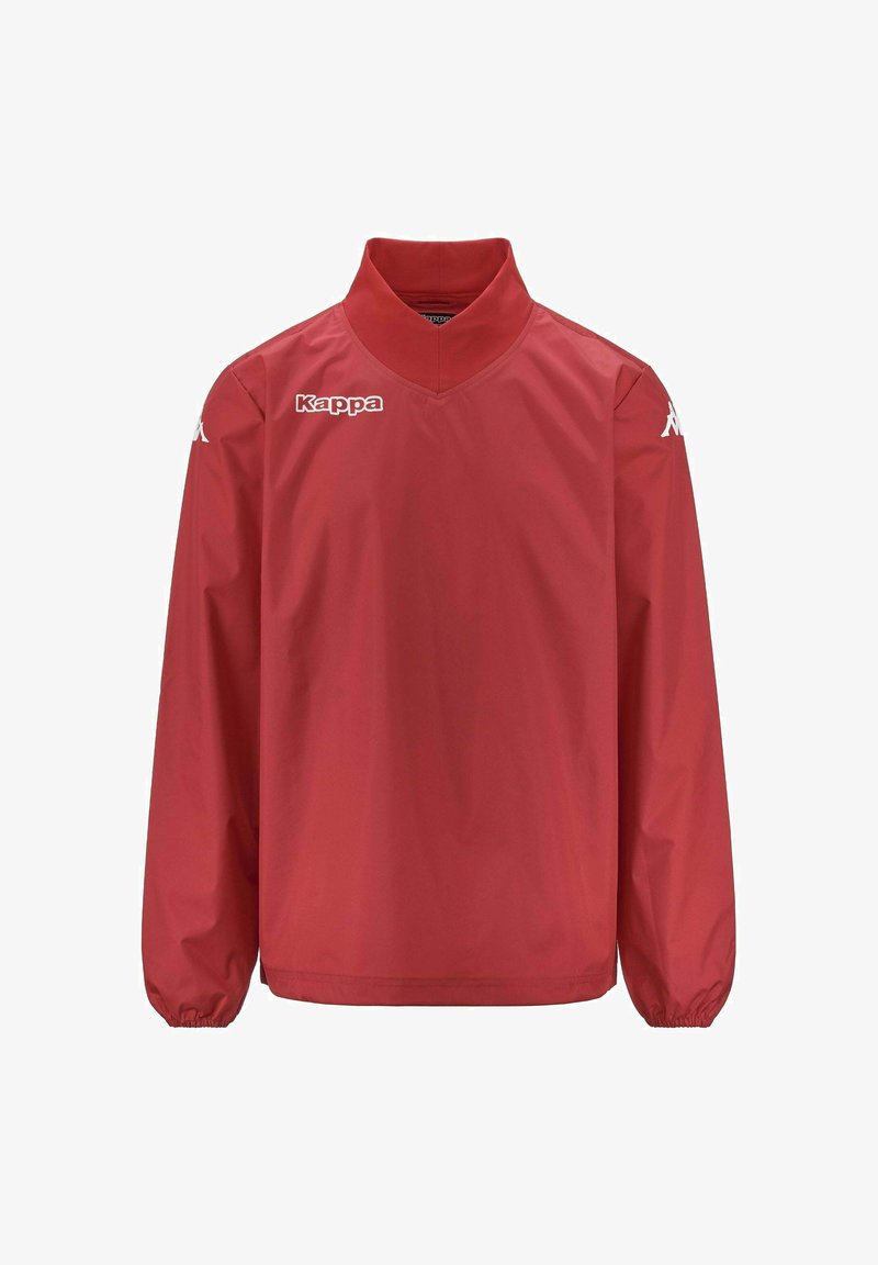 Giacca a vento rossa con colletto alto, maniche lunghe e polsini elastici. Presenta un logo bianco sul petto e sulla spalla. Texture liscia.