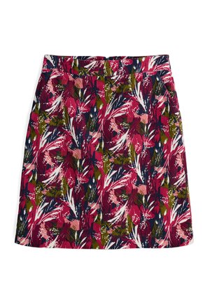 Rock mit floralem Muster in Rosa, Grün und Marineblau. Verfügt über einen Taillenbund und eine glatte Textur. Ideal für Freizeitkleidung oder Sommeroutfits.