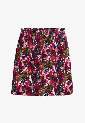 Falda de estampado floral en rosa, verde y marino. Cuenta con una cinturilla y una textura suave. Ideal para un estilo casual o para outfits de verano.