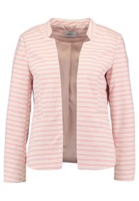 Stribet lyserød blazer med kravefri design, to forlommer og en glat inderforing. Lange ærmer, tætsiddende pasform.