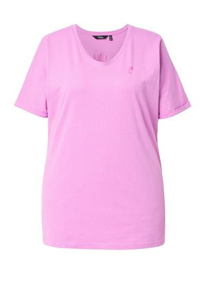 Różowy bawełniany T-shirt z krótkim rękawem, okrągłym dekoltem i małym haftowanym logo na lewej piersi.