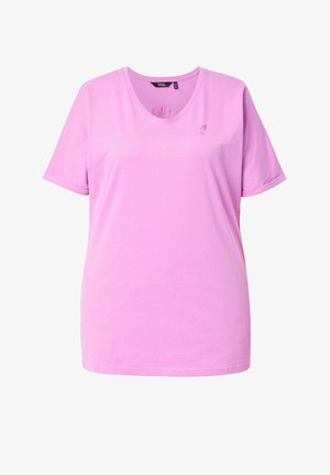 Pinkes kurzärmliges Baumwoll-T-Shirt mit rundem Halsausschnitt und kleinem besticktem Logo auf der linken Brust.