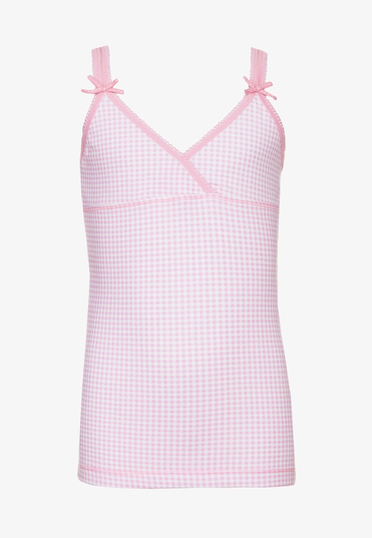 Růžový kostkovaný bezrukávový top s nastavovacími ramínky, krajkovým lemem kolem výstřihu a prošívanými detaily pro přiléhavý vzhled.