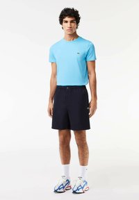 T-shirt azzurro chiaro a maniche corte, pantaloni corti blu navy con vita elastica, calze bianche e scarpe sportive con motivo e dettagli blu e rossi.