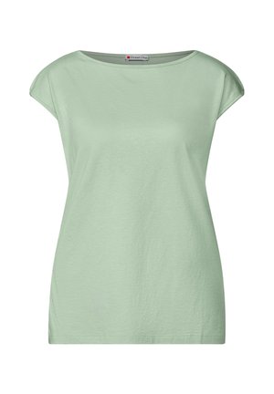 Lichtgroene T-shirt met korte mouwen van zachte katoen. Heeft een brede halslijn en een ontspannen pasvorm, met een gladde textuur en zonder zichtbare patronen.