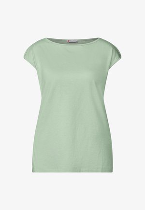 Jasnozielona koszulka z krótkim rękawem, wykonana z miękkiej bawełny. Posiada szeroki dekolt oraz luźny krój, z gładką fakturą i bez widocznych wzorów.
