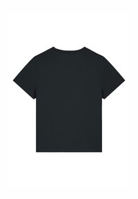 Schwarzes T-Shirt mit kurzen Ärmeln, von hinten angezeigt, mit rundem Halsausschnitt und einem glatten, strukturierten Stoff. Einfaches Design, keine Verzierungen.