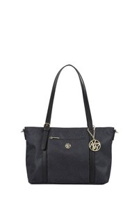 Borsa a tracolla nera in materiale testurizzato, con tasca anteriore con zip, doppie maniglie e un charm con logo dorato. Accentuata con cinghie nere.