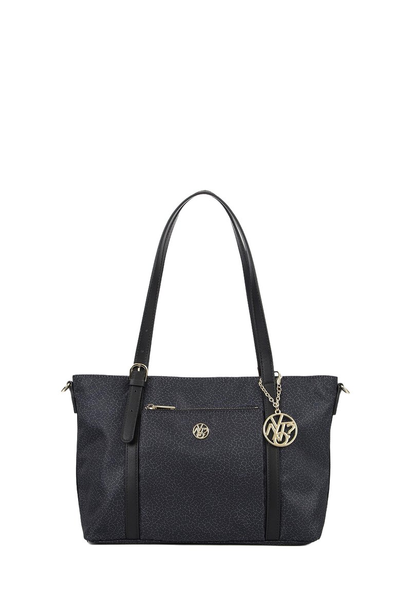 Borsa a tracolla nera in materiale testurizzato, con tasca anteriore con zip, doppie maniglie e un charm con logo dorato. Accentuata con cinghie nere.