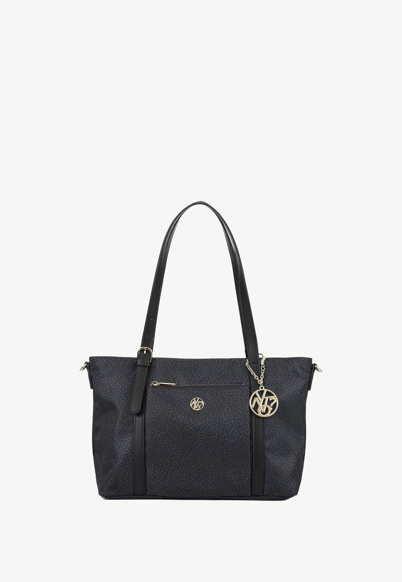 Borsa a tracolla nera in materiale testurizzato, con tasca anteriore con zip, doppie maniglie e un charm con logo dorato. Accentuata con cinghie nere.