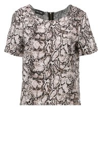 Top à manches courtes en tissu imprimé serpent avec un col rond, une fermeture éclair dans le dos et un design texturé aux tons beige et marron.