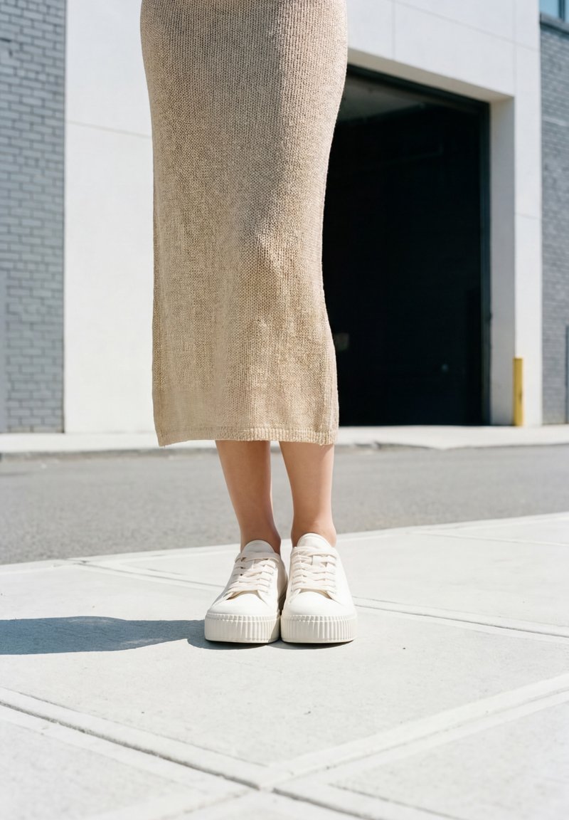 Jambes portant une jupe en tricot beige et des baskets blanches à lacets, debout sur un trottoir urbain ensoleillé près d'une entrée de bâtiment.