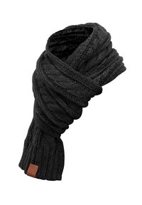 Dark gray knitted scarf with a textured cable pattern, featuring a ribbed end and a small brown leather tag.