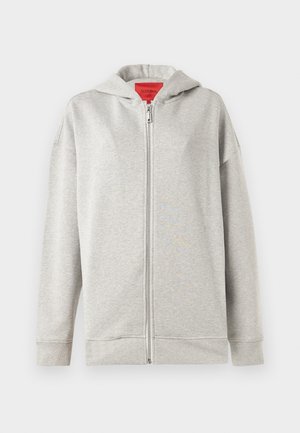 Lys grå zip-up hoodie med en blød tekstur, der har en frontlynlås og en hætte. Simpelt design, uden mønstre eller ekstra detaljer.