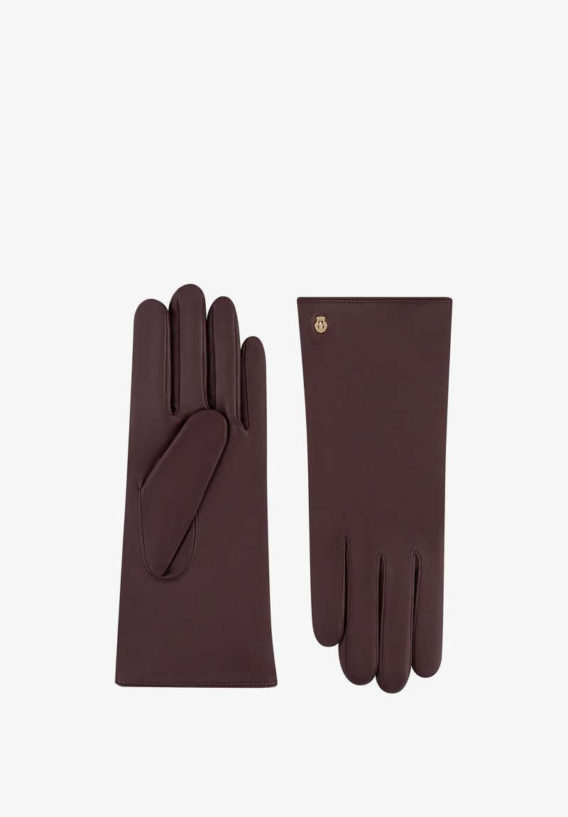 Guanti in pelle marrone scuro con texture liscia, uno mostra il lato del palmo e l'altro il lato posteriore con un piccolo emblema dorato vicino al polso.