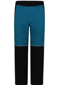 Pantalons d'extérieur pour homme avec taille élastique, jambes supérieures bleues et jambes inférieures noires, conçus pour la randonnée ou une utilisation active.