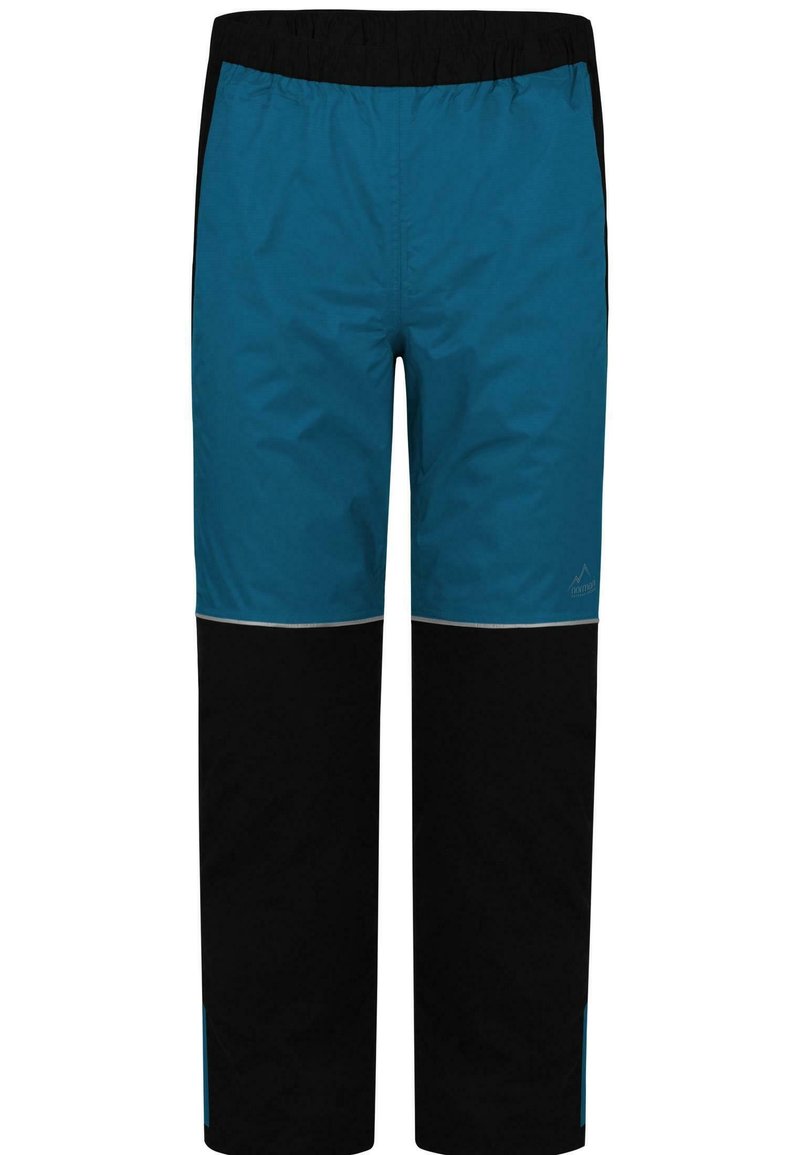 Pantalons d'extérieur pour homme avec taille élastique, jambes supérieures bleues et jambes inférieures noires, conçus pour la randonnée ou une utilisation active.