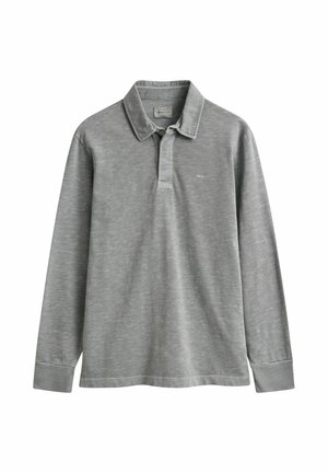 Polo grigia a maniche lunghe con colletto, chiusura parziale con bottoni e logo sottile sul petto.