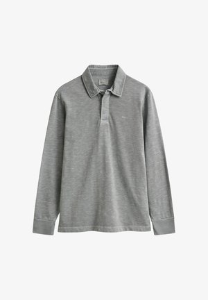 Polo grigia a maniche lunghe con colletto, chiusura parziale con bottoni e logo sottile sul petto.