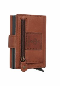 Portafoglio in pelle marrone con zip, scomparti per carte e una toppa con logo che rappresenta un'ancora. Presenta cuciture visibili e un accento metallico.
