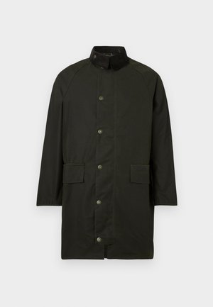 Dark green long coat with snap buttons down the front, two flap pockets, and a dark collar, displayed on a white background.