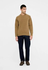 Bruine gebreide trui met een ronde hals, gecombineerd met donkerblauwe broek en bruine schoenen, gepresenteerd tegen een neutrale achtergrond.