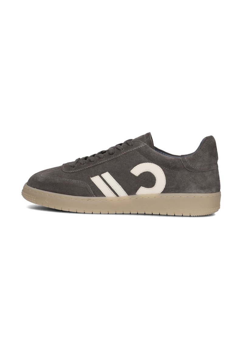 Gray suede sneaker with white accents, featuring two diagonal stripes and a large crescent logo. Rubber sole, lace-up design, and rounded toe.