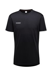 Zwarte kortebloemige t-shirt van gladde stof. Heeft een ronde halslijn en het "MAMMUT" logo in het wit op de voorkant. Eenvoudig ontwerp.