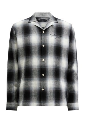 Schwarz-weißer karierter Button-Up-Hemd mit Kragen, weichem Material, fünf Knöpfen und Branding auf der Vorderseite.