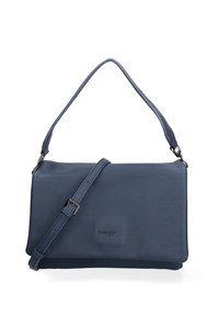 Borsa a tracolla in pelle blu navy con superficie testurizzata, forma rettangolare piatta, tracolla removibile e manico superiore liscio.