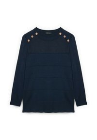 Suéter de punto azul marino con mangas largas, que presenta rayas horizontales, un escote redondeado y botones decorativos en tono dorado en los hombros.