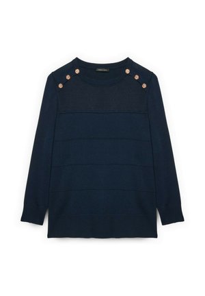 Suéter de punto azul marino con mangas largas, que presenta rayas horizontales, un escote redondeado y botones decorativos en tono dorado en los hombros.