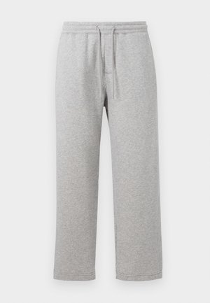 Pantalones de chándal de algodón gris con cintura elástica y cordón. Diseño de pierna recta con dobladillos cosidos y sin bolsillos.